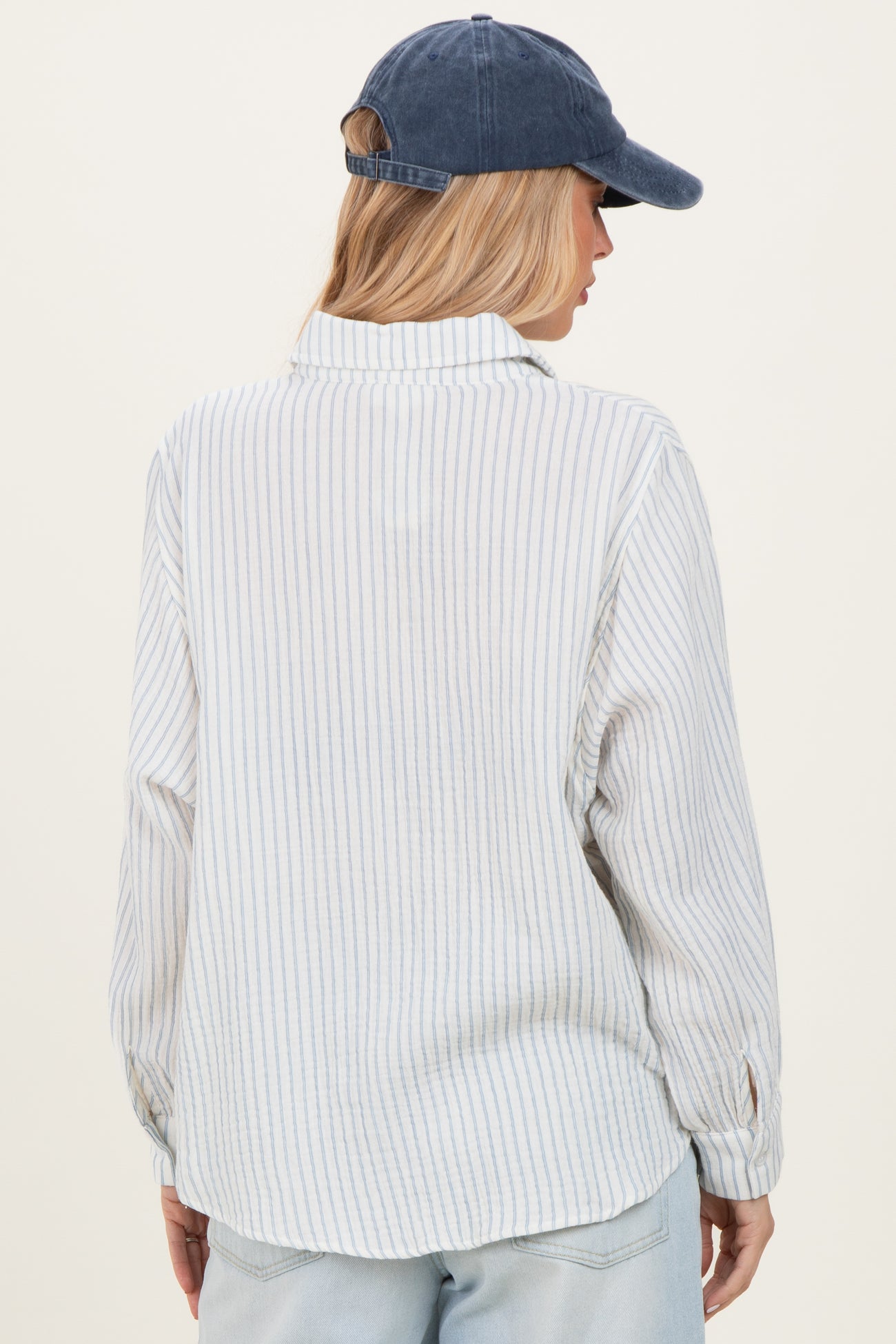 Ivory Striped Cotton Gauze Button Down Shirt
