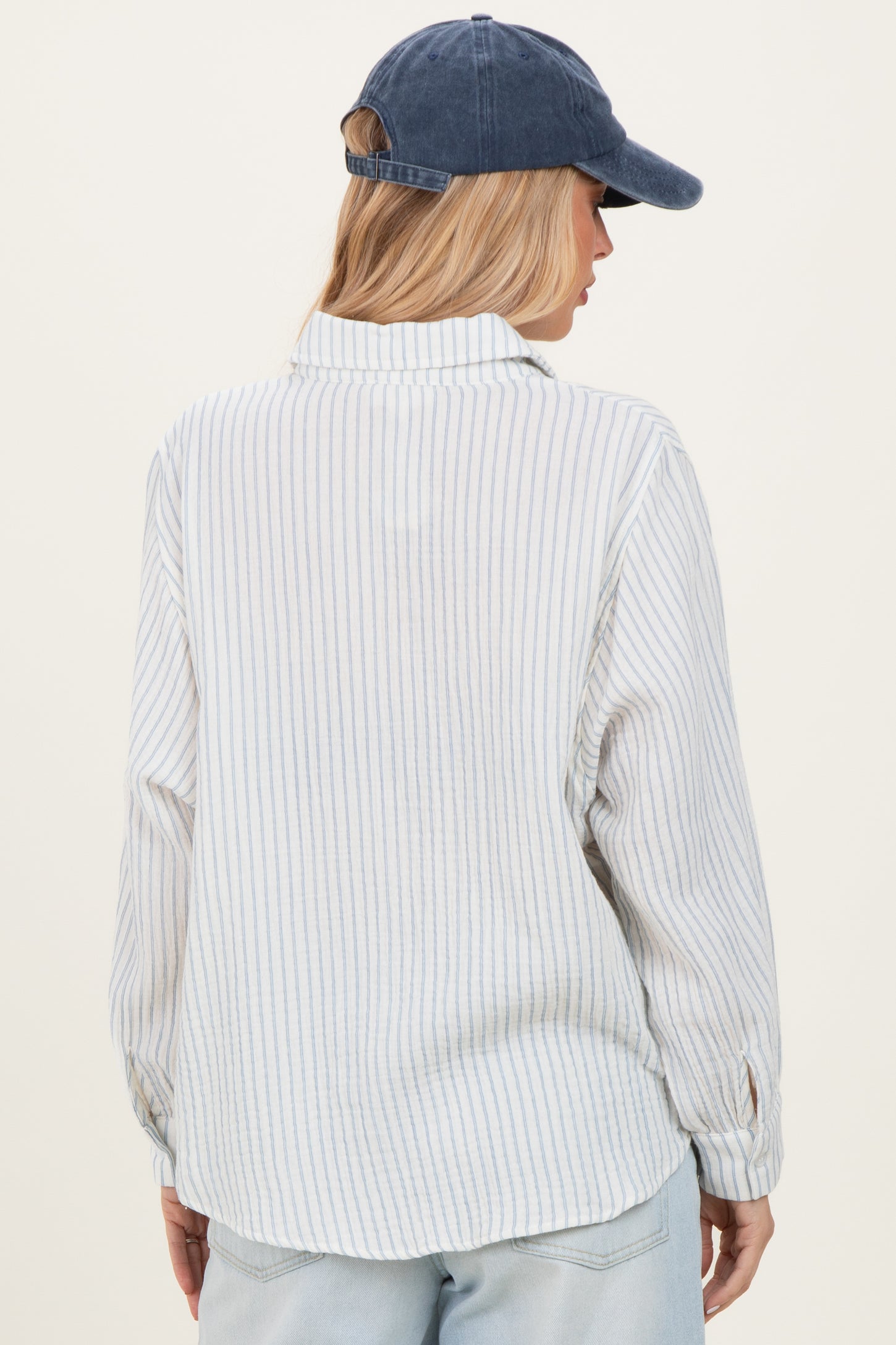 Ivory Striped Cotton Gauze Button Down Shirt