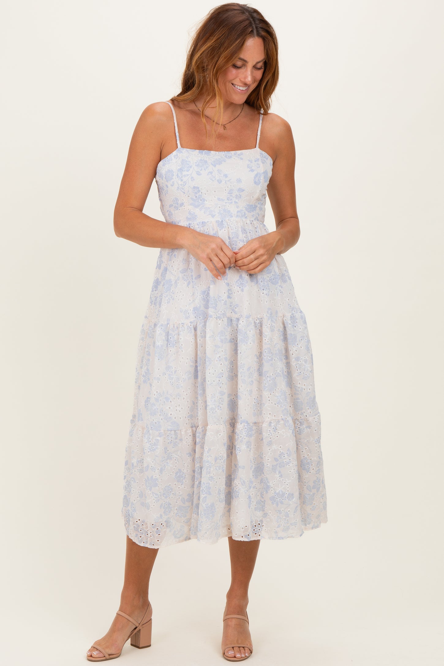 Cream Floral Eyelet Lace Tie Back Maternity Midi Dress