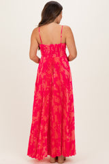 Fuchsia Floral Pleated Satin Maternity Maxi Dress