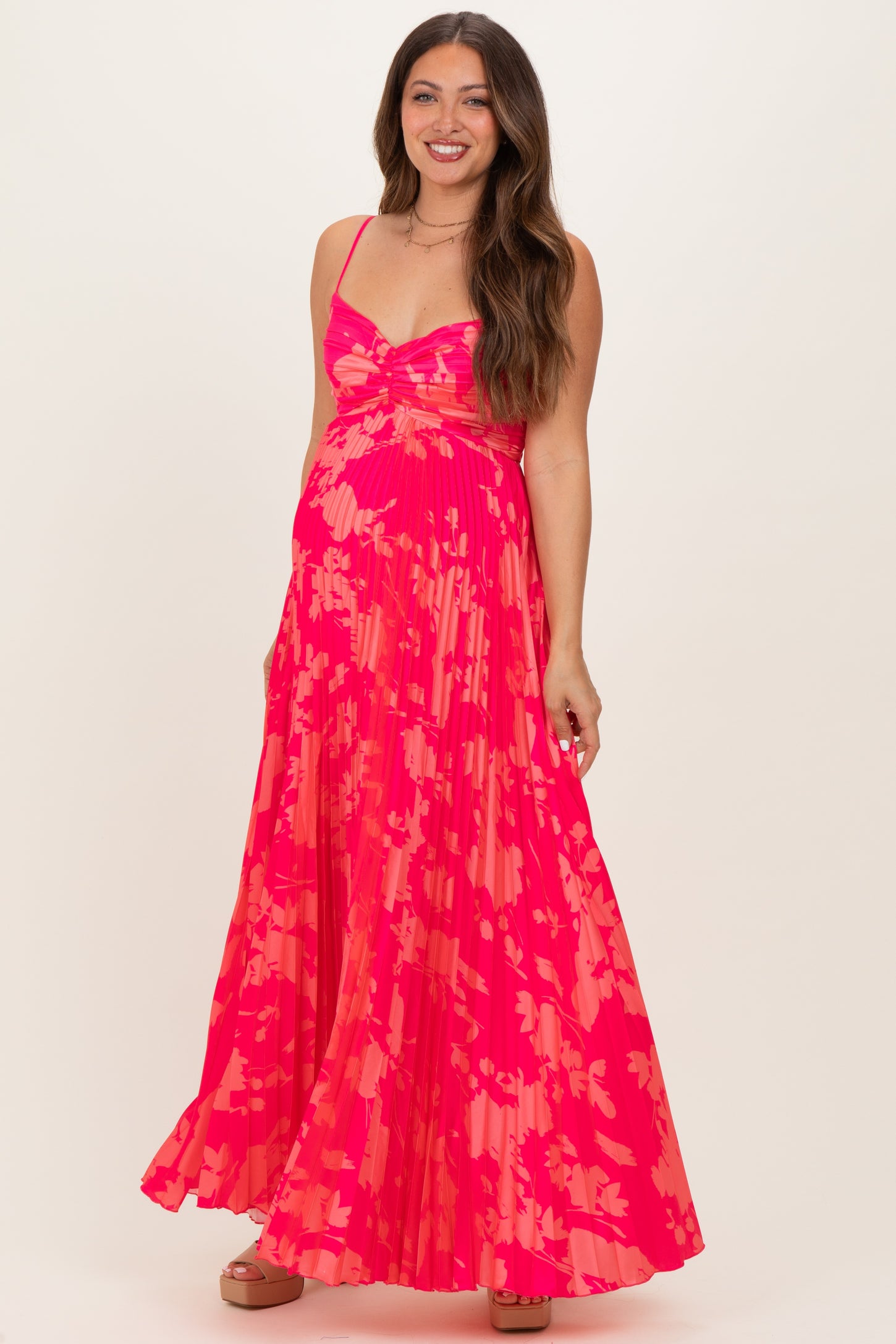 Fuchsia Floral Pleated Satin Maternity Maxi Dress