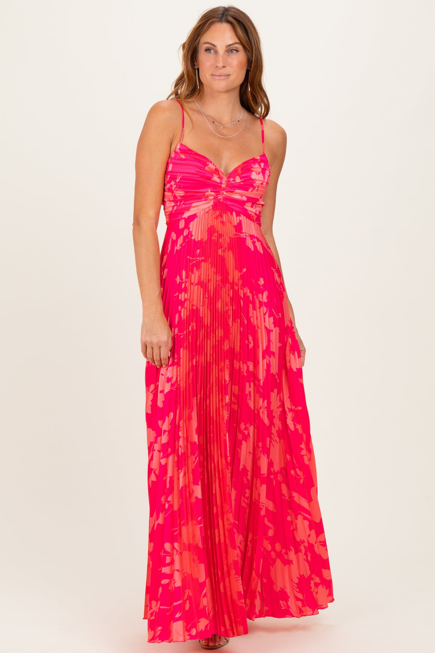 Fuchsia Floral Pleated Satin Maxi Dress