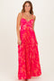 Fuchsia Floral Pleated Satin Maxi Dress