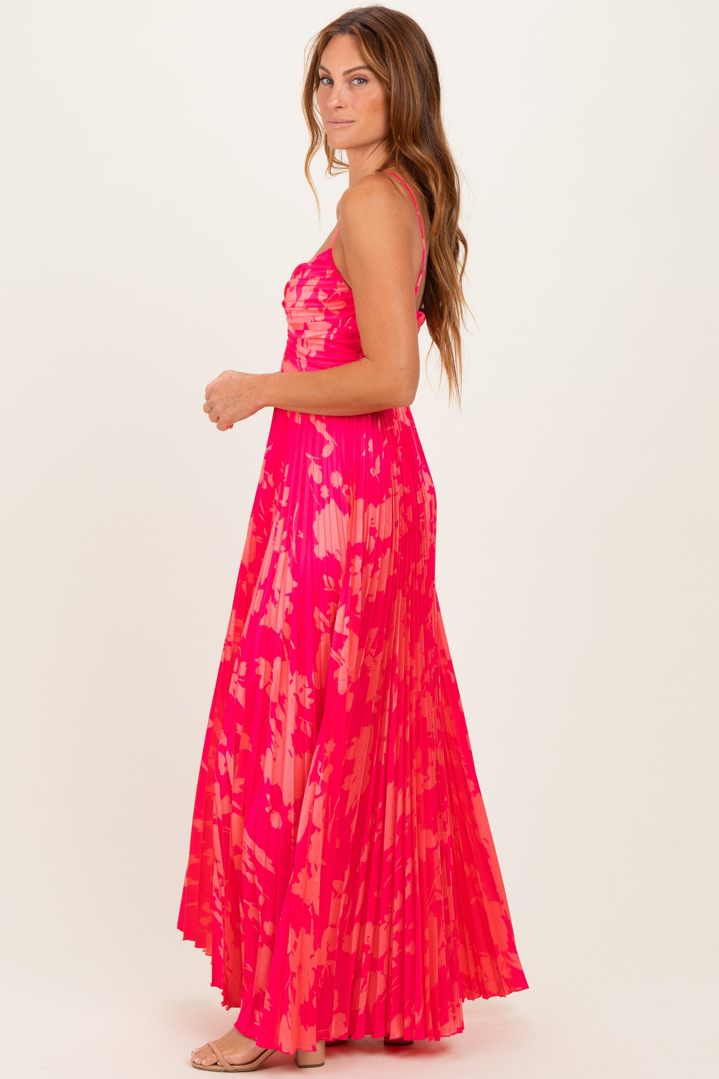 Fuchsia Floral Pleated Satin Maxi Dress