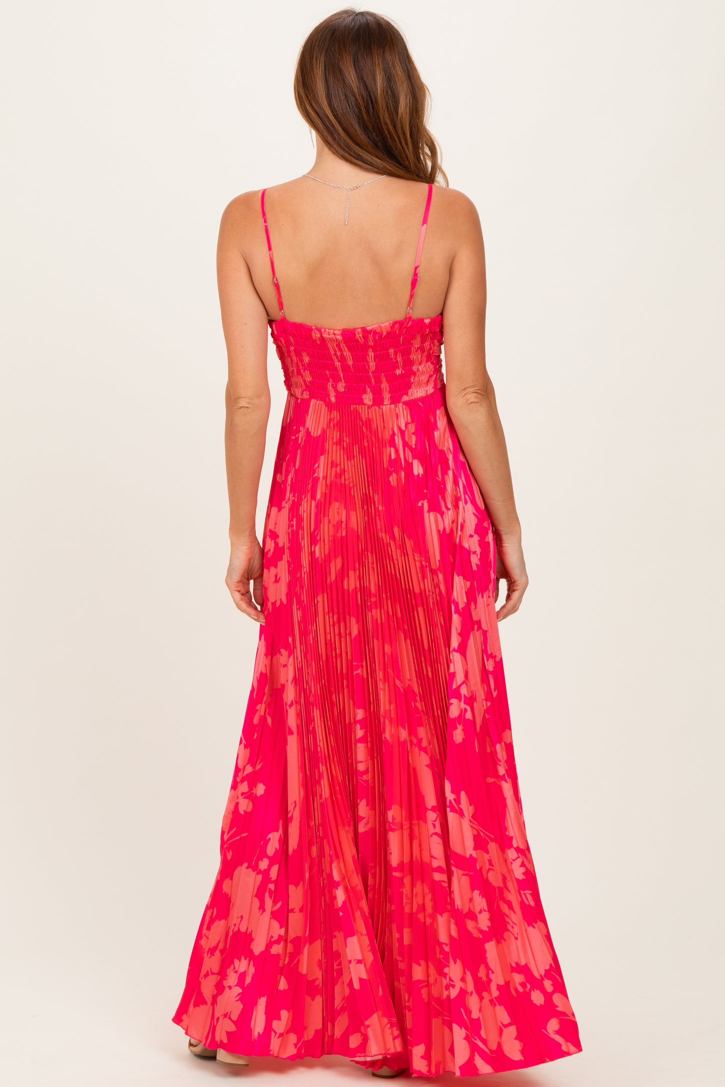 Fuchsia Floral Pleated Satin Maxi Dress