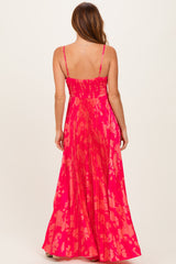 Fuchsia Floral Pleated Satin Maxi Dress