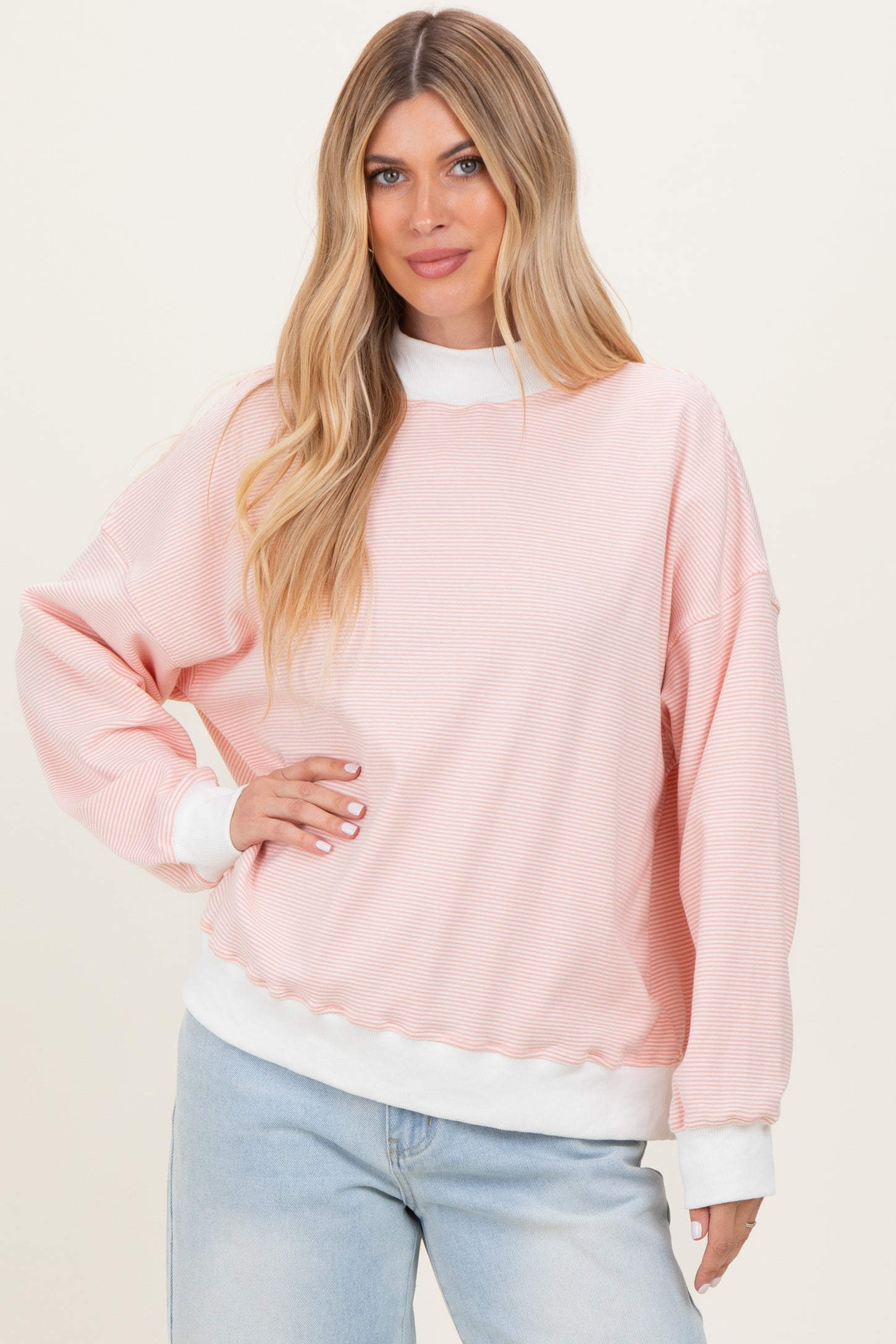 Peach Striped Mock Neck Maternity Sweatshirt
