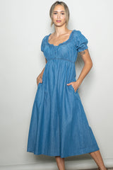 Blue Chambray Ruffle Neckline Midi Dress