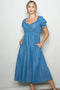 Blue Chambray Ruffle Neckline Midi Dress