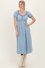 Light Blue Chambray Ruffle Neckline Midi Dress