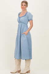 Light Blue Chambray Ruffle Neckline Midi Dress