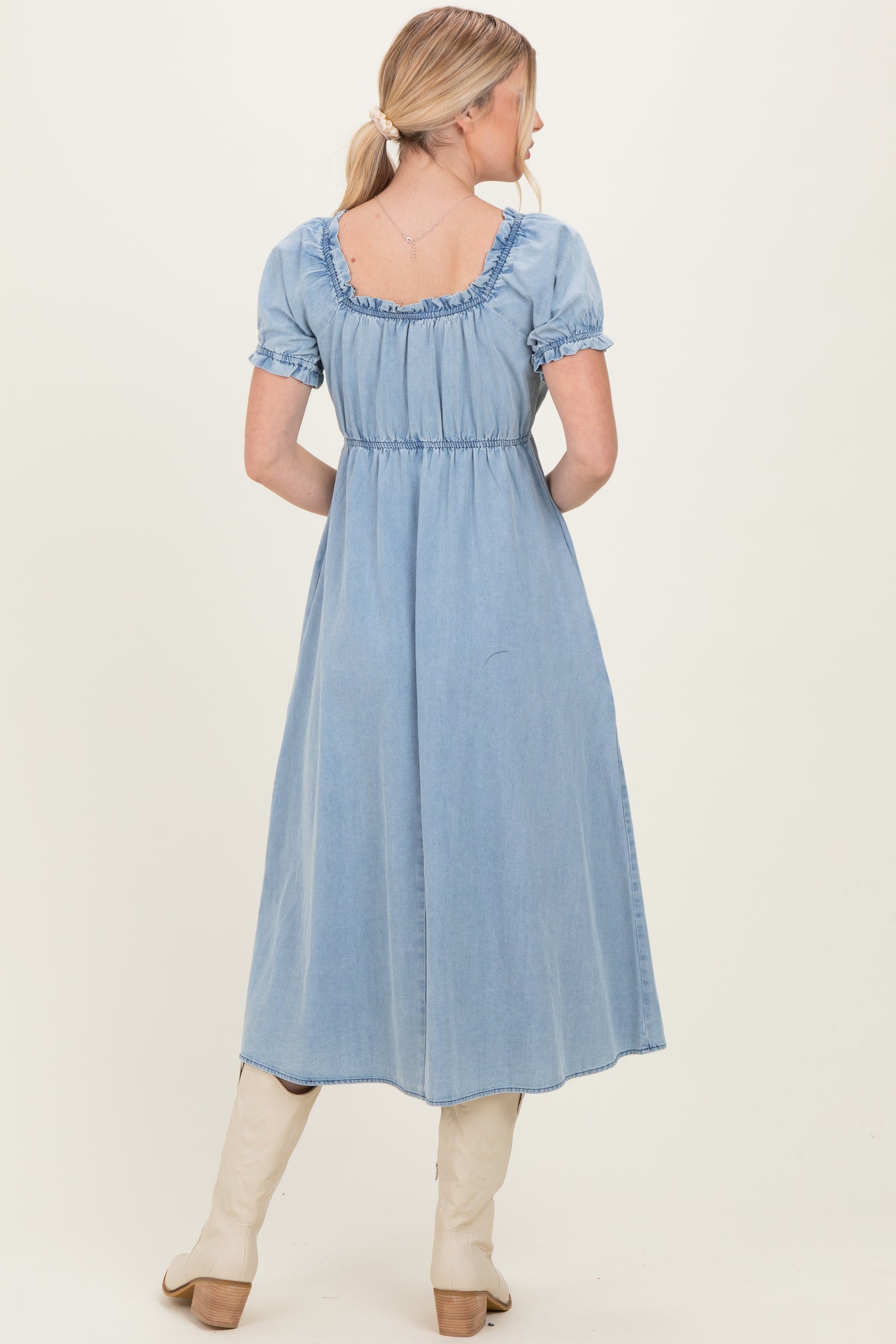 Light Blue Chambray Ruffle Neckline Midi Dress