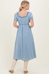 Light Blue Chambray Ruffle Neckline Midi Dress