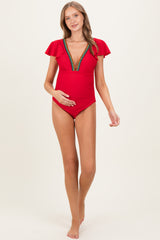 Red Crochet Accent Maternity One Piece Swimsuit