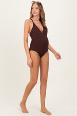 Brown O-Ring Strappy Back Maternity Swimsuit