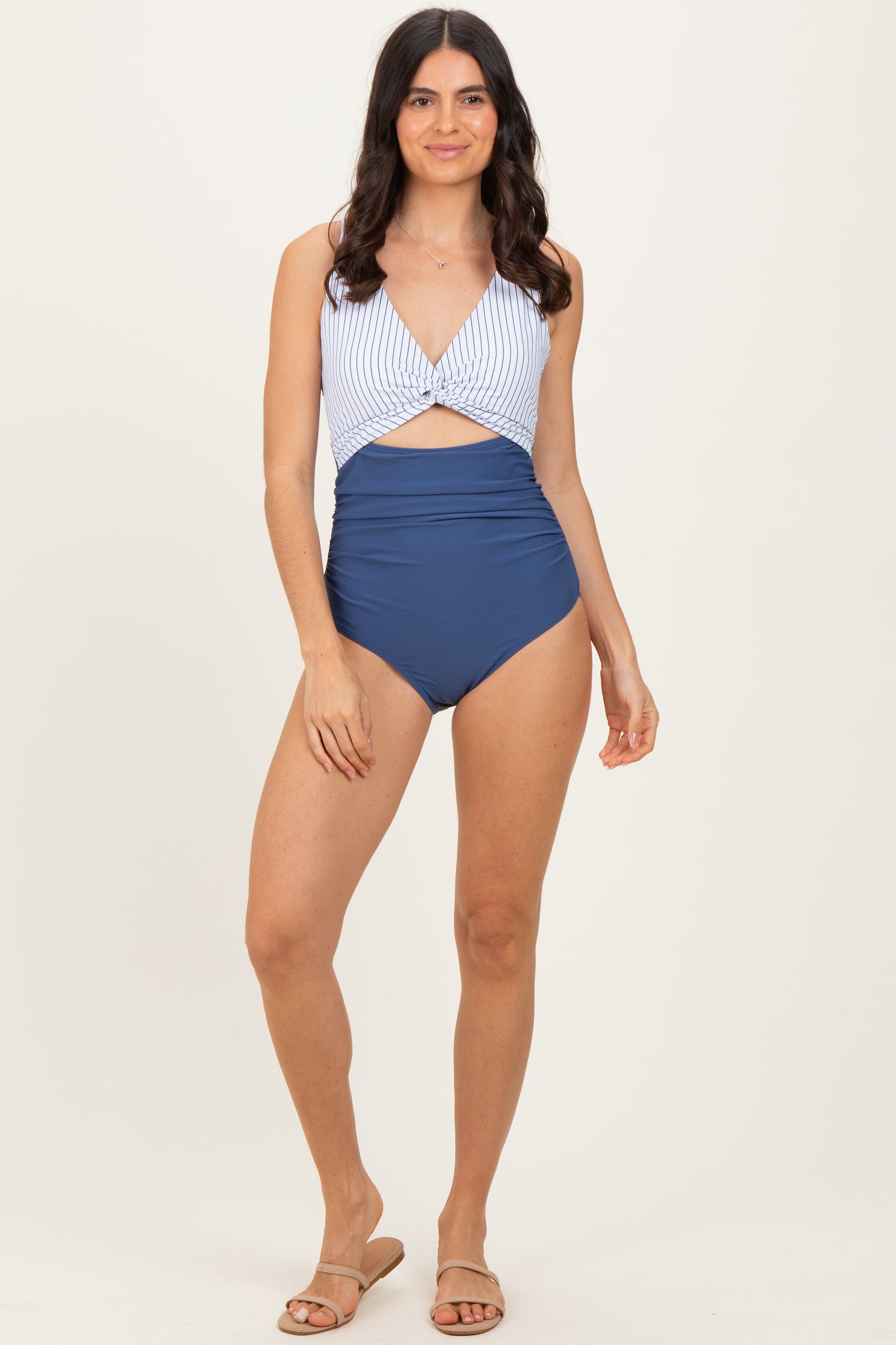 Ivory Striped Color Block Cutout Swimsuit