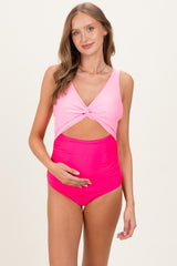 Pink Striped Color Block Cutout Maternity Swimsuit