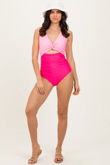 Pink Striped Color Block Cutout Swimsuit