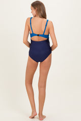 Aqua Striped Color Block Cutout Maternity Swimsuit