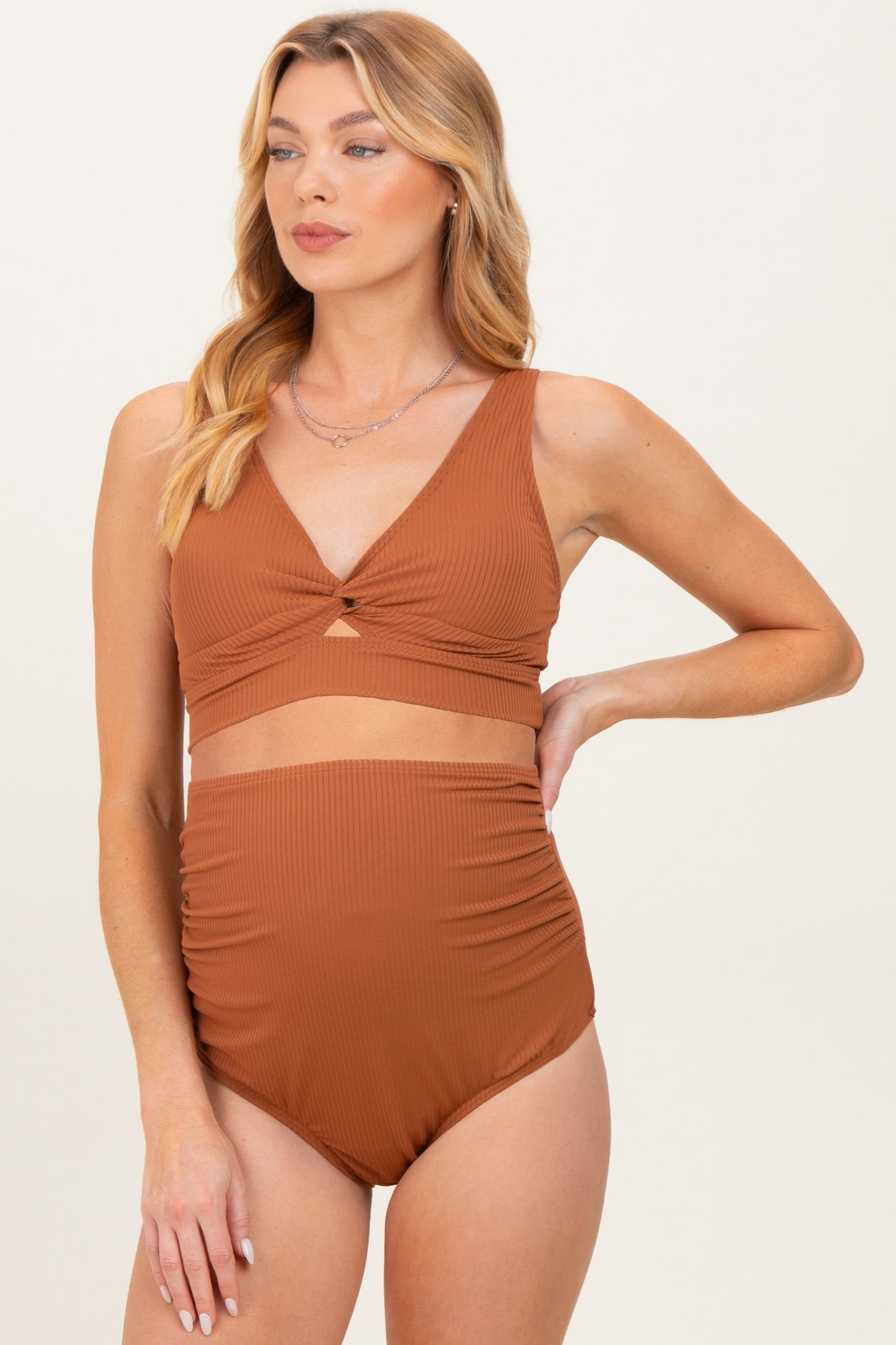 Rust Ribbed Twist Front Cutout Two Piece Maternity Swimsuit