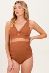 Rust Ribbed Twist Front Cutout Two Piece Maternity Swimsuit