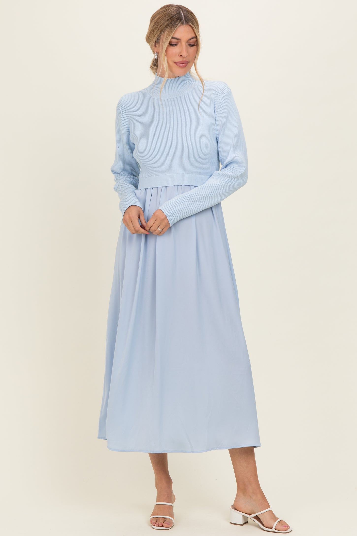Light Blue Knit Contrast Top Satin Maternity Midi Dress