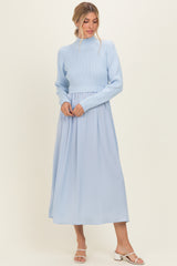 Light Blue Knit Contrast Top Satin Midi Dress