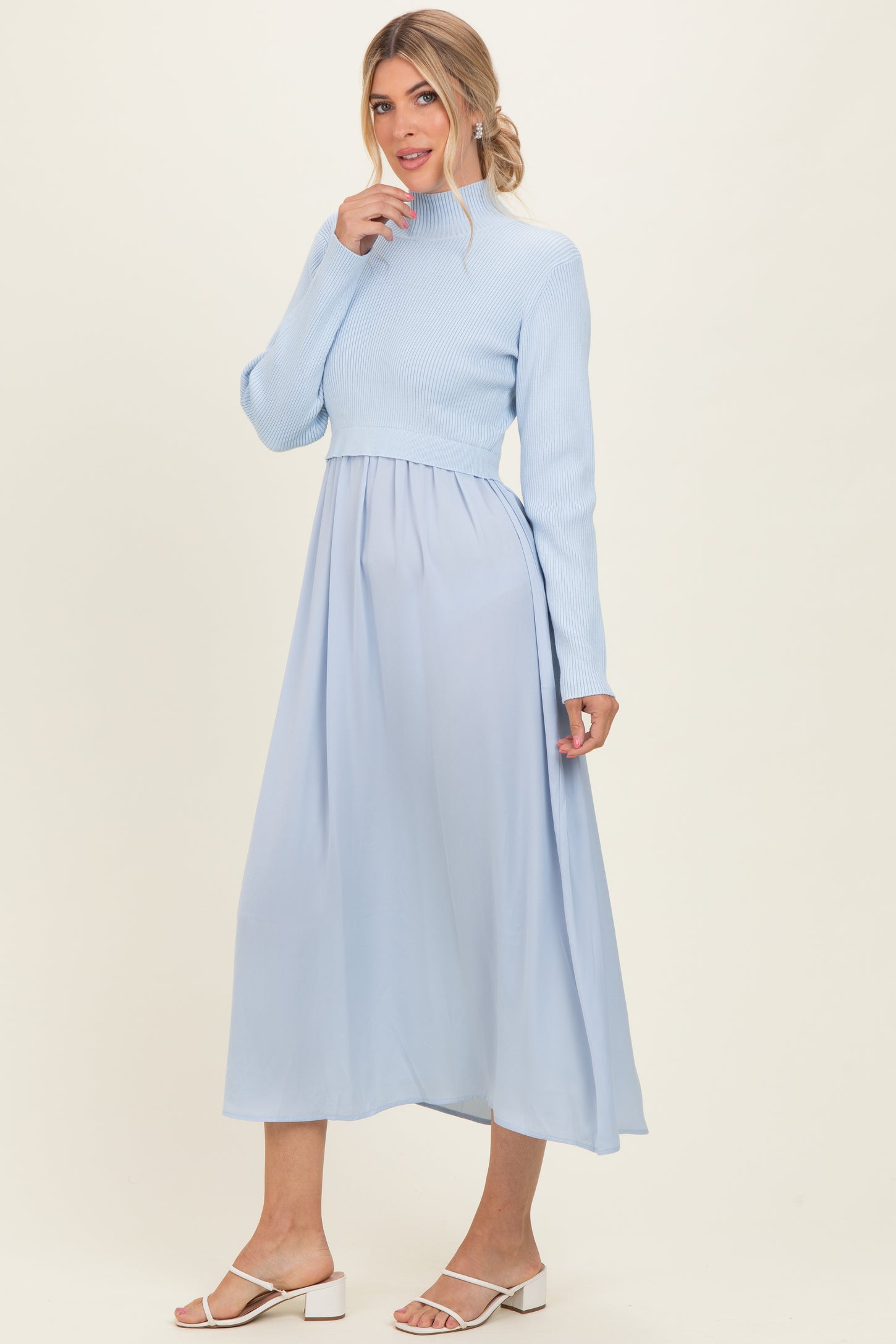 Light Blue Knit Contrast Top Satin Midi Dress