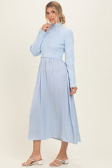 Light Blue Knit Contrast Top Satin Midi Dress