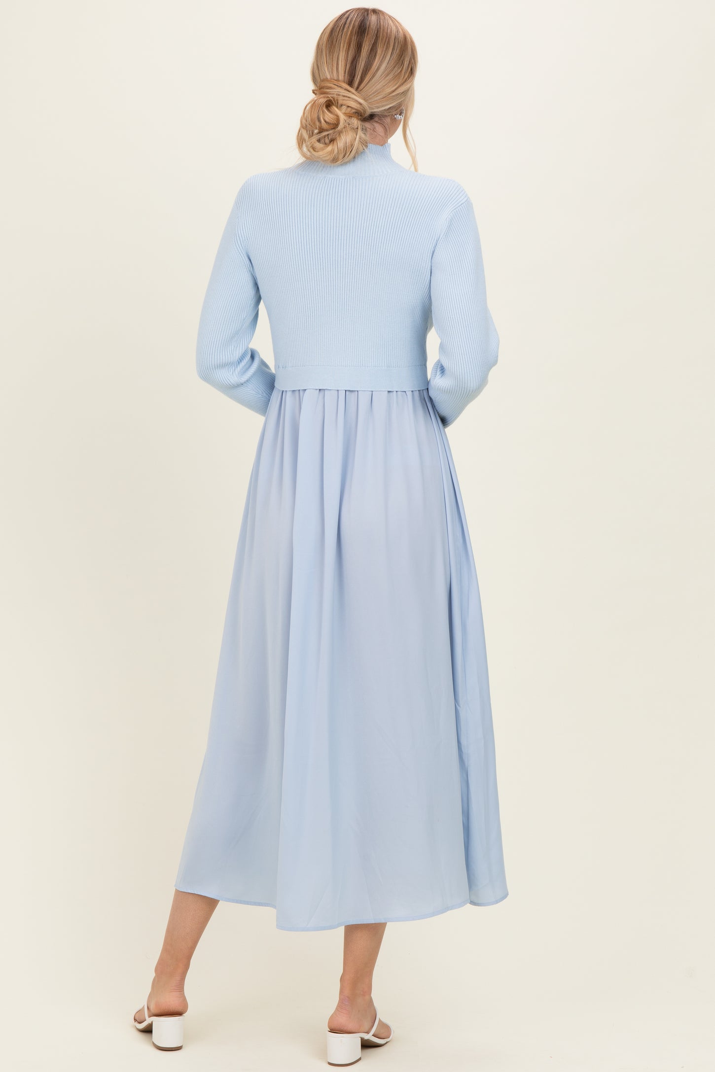 Light Blue Knit Contrast Top Satin Midi Dress