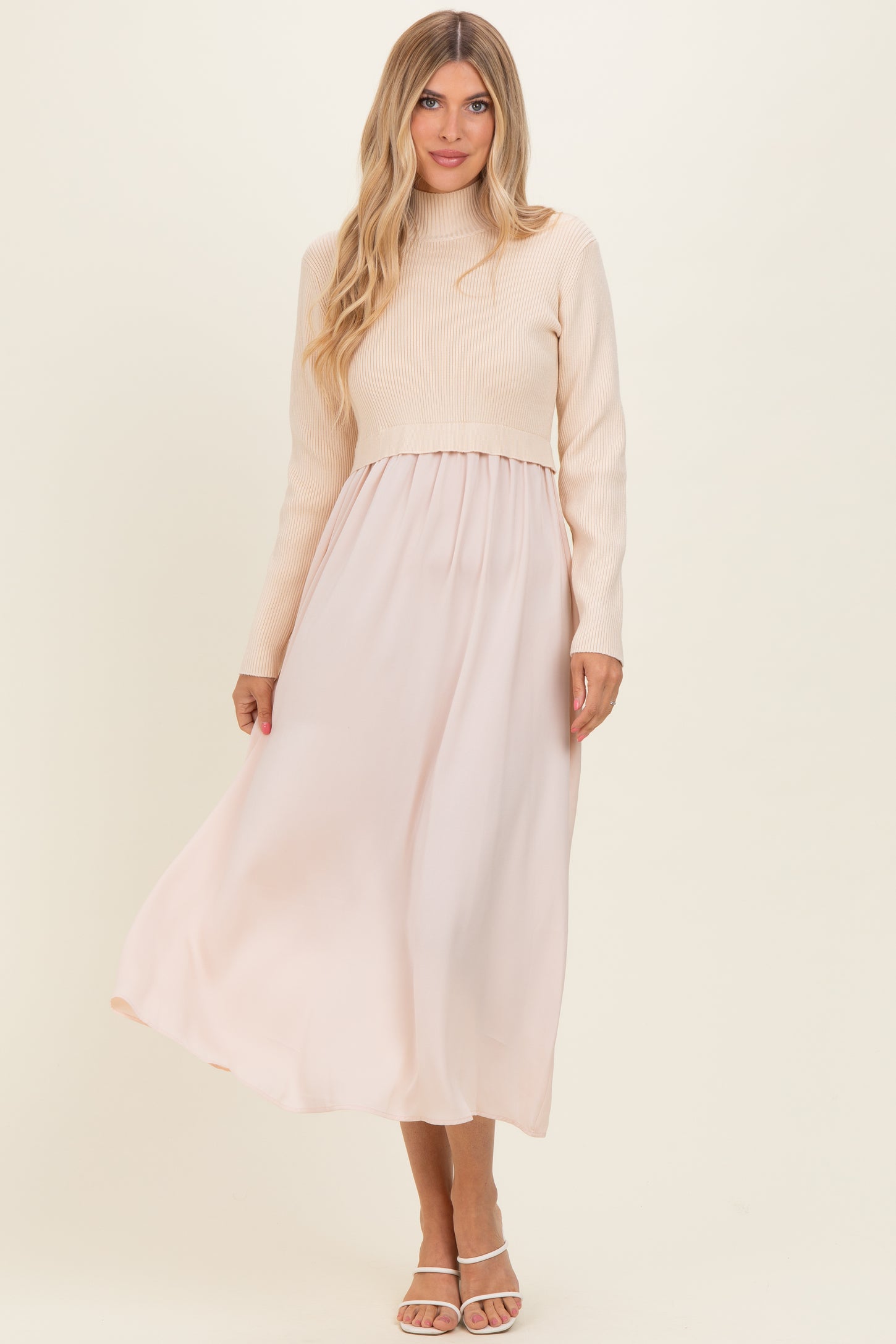 Light Beige Knit Contrast Top Satin Maternity Midi Dress