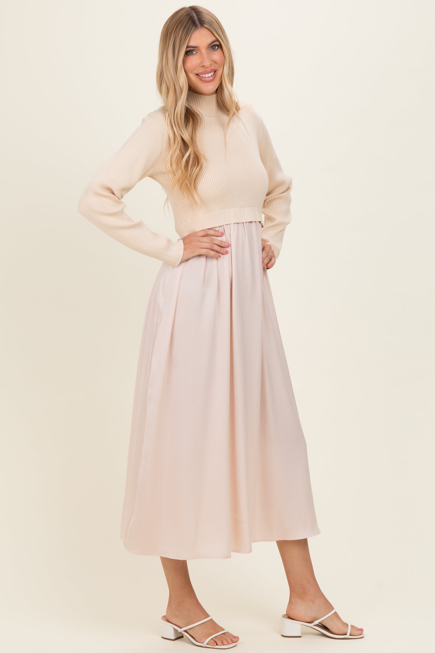Light Beige Knit Contrast Top Satin Midi Dress