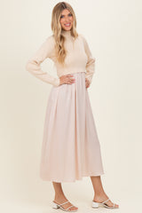 Light Beige Knit Contrast Top Satin Midi Dress