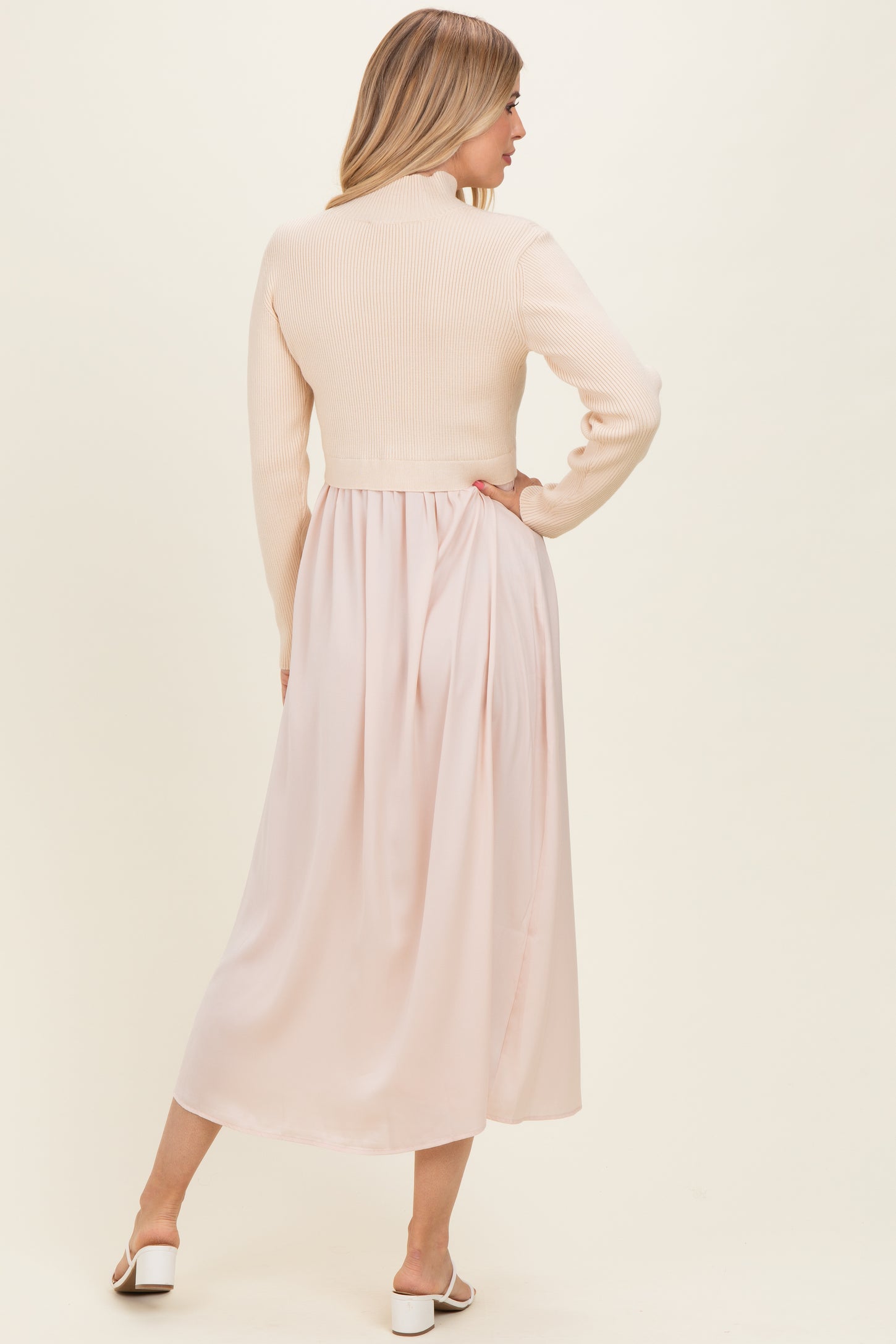 Light Beige Knit Contrast Top Satin Midi Dress