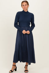 Navy Knit Contrast Top Satin Maternity Midi Dress
