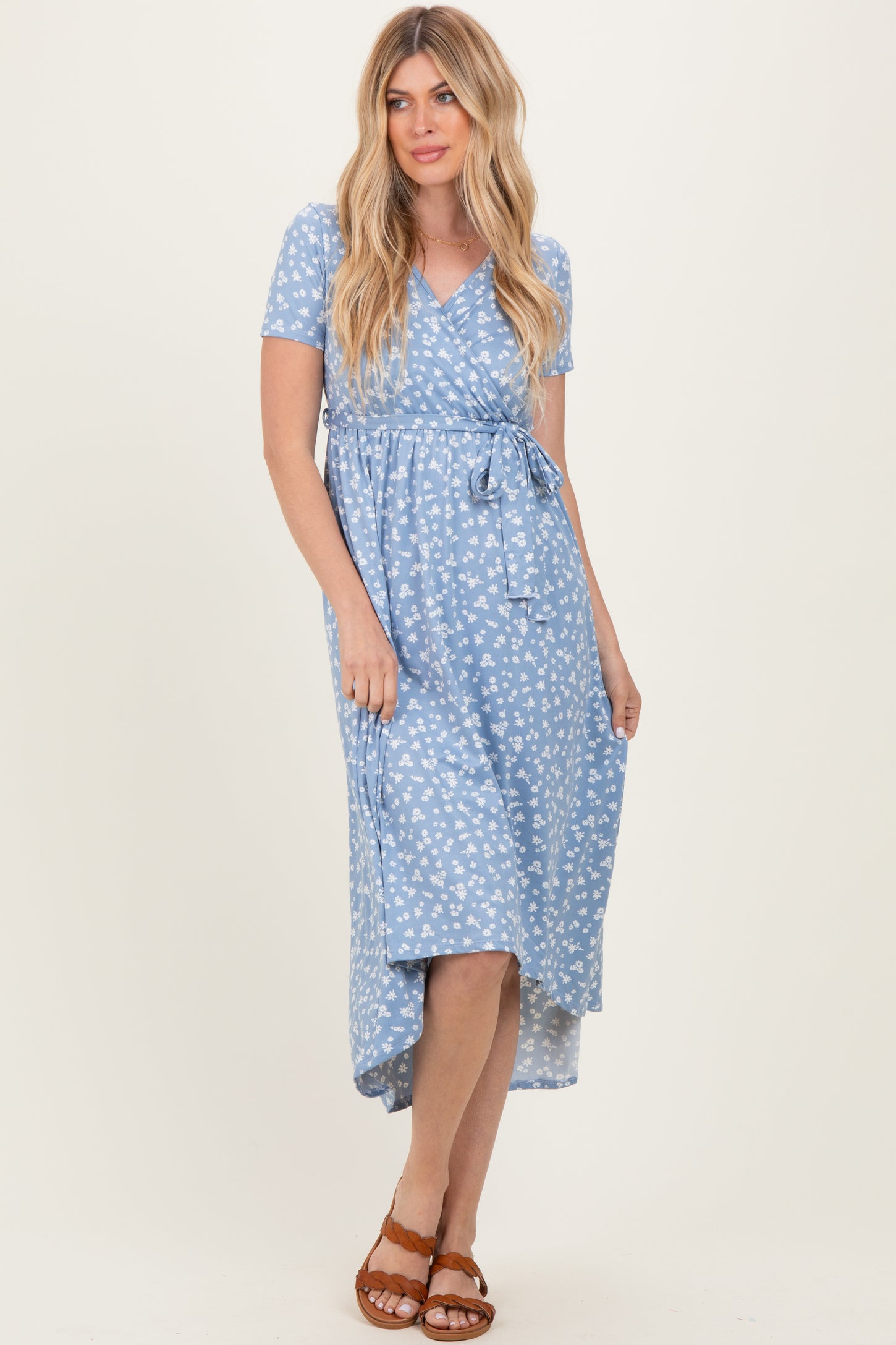 Blue Floral Print Short Sleeve Hi-Low Wrap Dress