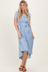 Blue Floral Print Short Sleeve Hi-Low Wrap Dress