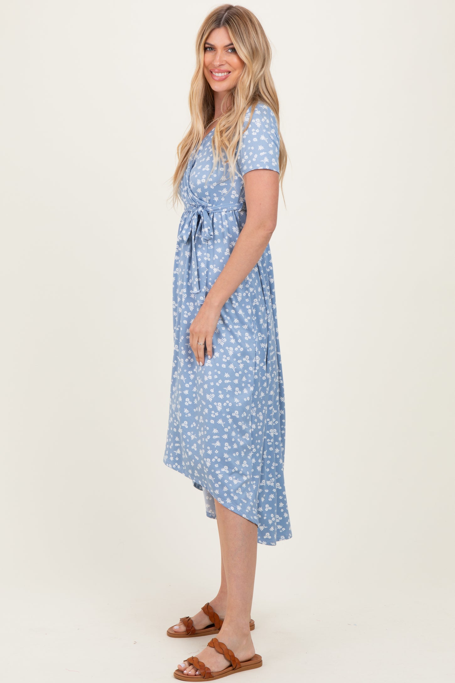 Blue Floral Print Short Sleeve Hi-Low Wrap Dress
