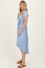 Blue Floral Print Short Sleeve Hi-Low Wrap Dress