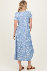 Blue Floral Print Short Sleeve Hi-Low Wrap Dress