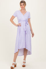 Lavender Floral Print Short Sleeve Hi-Low Wrap Dress
