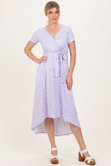 Lavender Floral Print Short Sleeve Hi-Low Wrap Dress