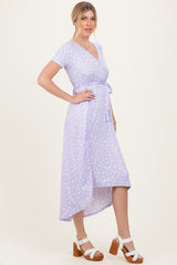 Lavender Floral Print Short Sleeve Hi-Low Wrap Dress