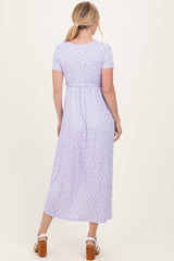Lavender Floral Print Short Sleeve Hi-Low Wrap Dress