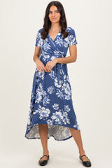 Denim Blue Floral Print Short Sleeve Hi-Low Maternity Wrap Dress