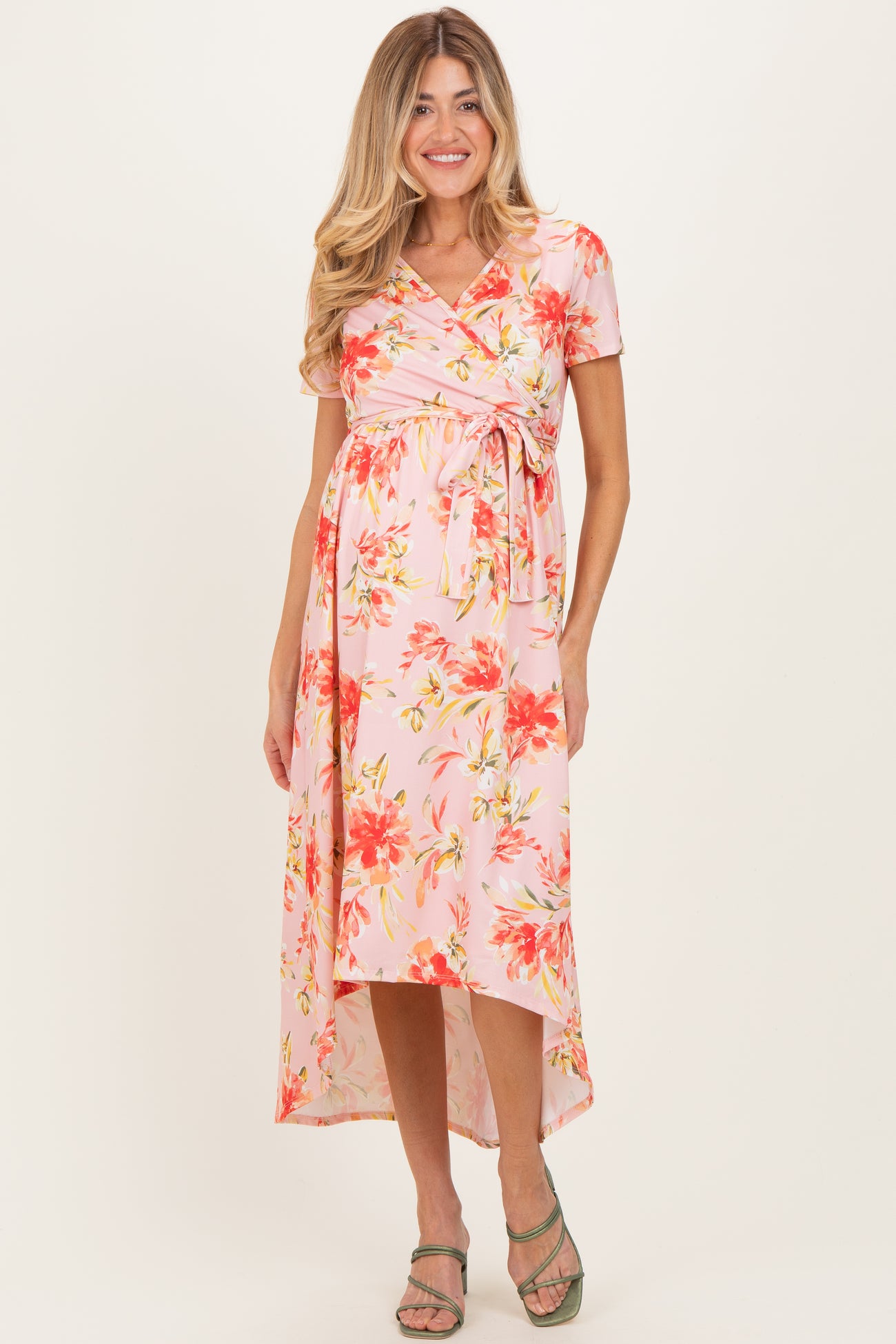 Peach Floral Print Short Sleeve Hi-Low Maternity Wrap Dress