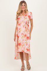 Peach Floral Print Short Sleeve Hi-Low Maternity Wrap Dress