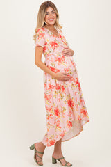 Peach Floral Print Short Sleeve Hi-Low Maternity Wrap Dress