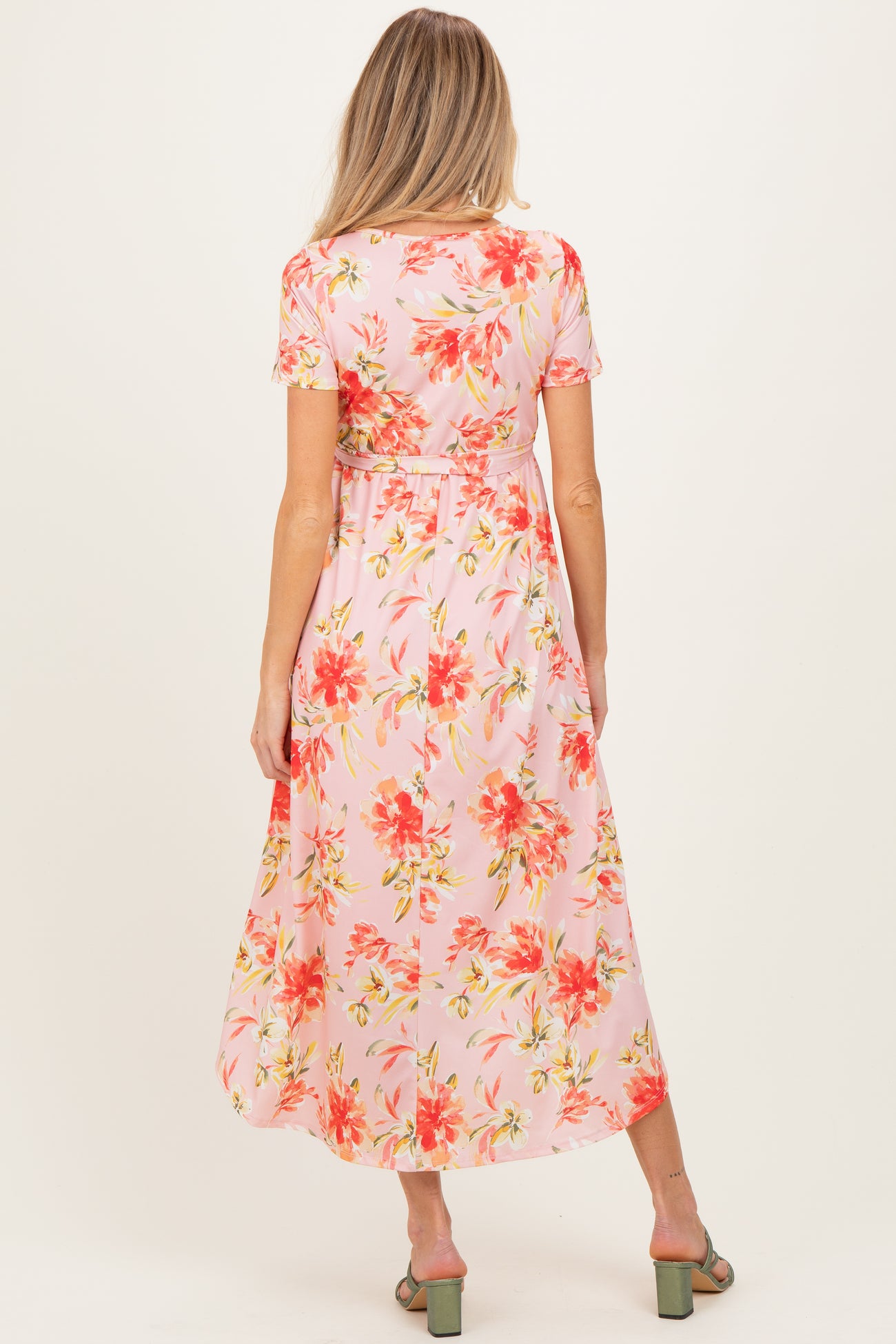 Peach Floral Print Short Sleeve Hi-Low Maternity Wrap Dress