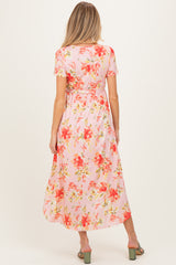 Peach Floral Print Short Sleeve Hi-Low Maternity Wrap Dress